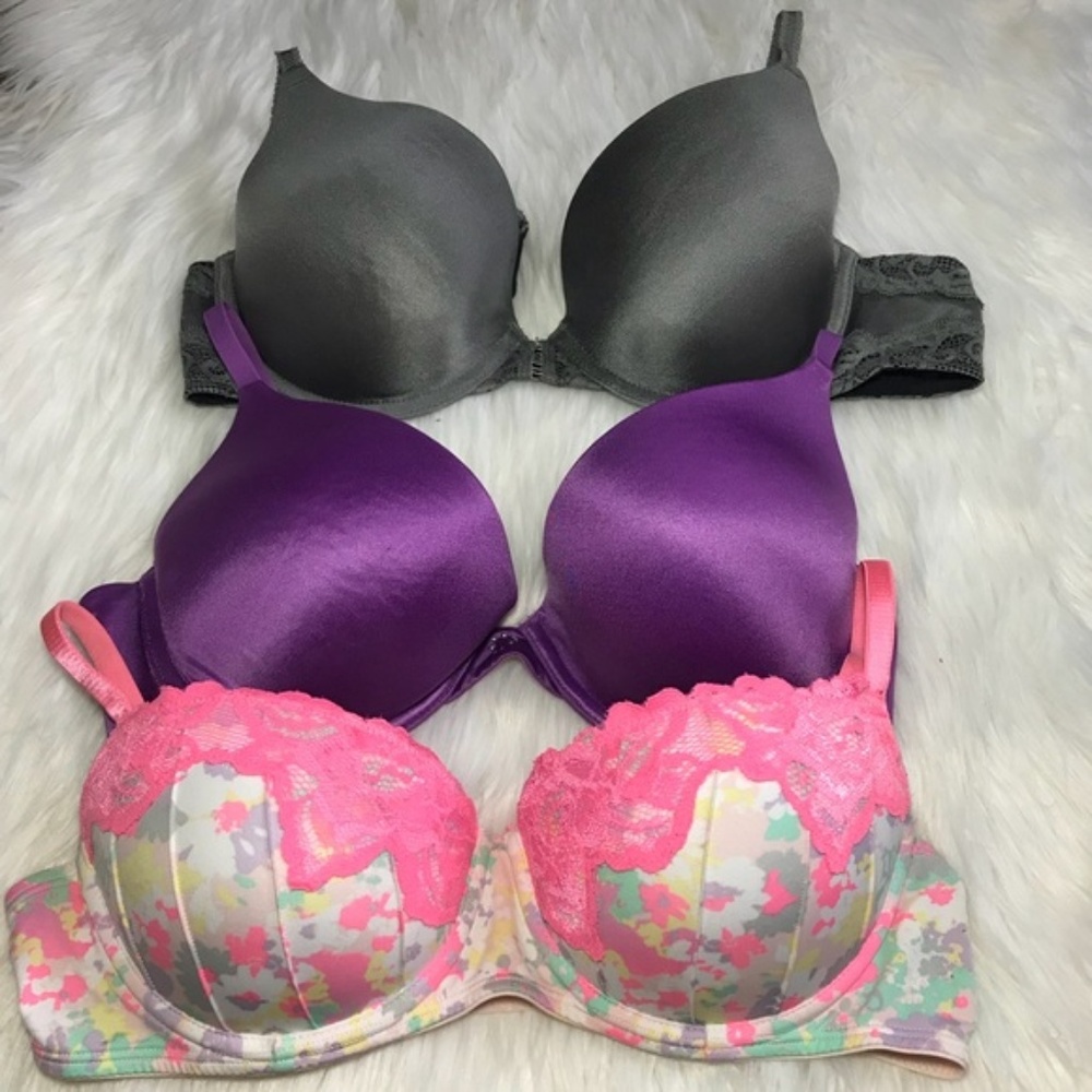 3 Push Up Bra Bundle 36B Floral Purple Gray Pink